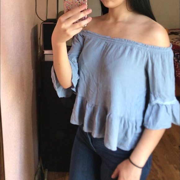 Baby Blue Off the Shoulder Top - Picture 2 of 3